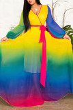 Abiti dritti con scollo a V patchwork stampa casual elegante color arcobaleno