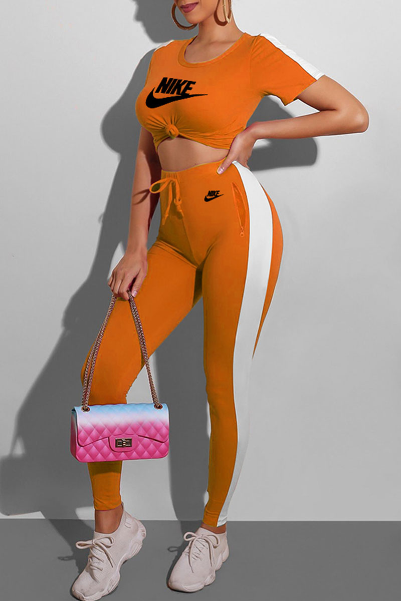 

Orange Fashion Casual Print Split Joint O Neck Short Sleeve Two Pieces