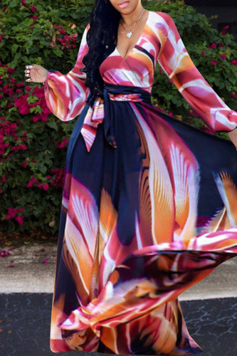 Red Casual Elegant Print Patchwork V Neck Straight Dresses