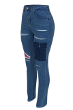Jean skinny en denim bleu décontracté patchwork déchiré à taille moyenne