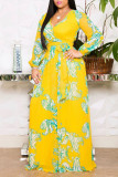 Blue Yellow Casual Elegant Print Patchwork V Neck Straight Dresses
