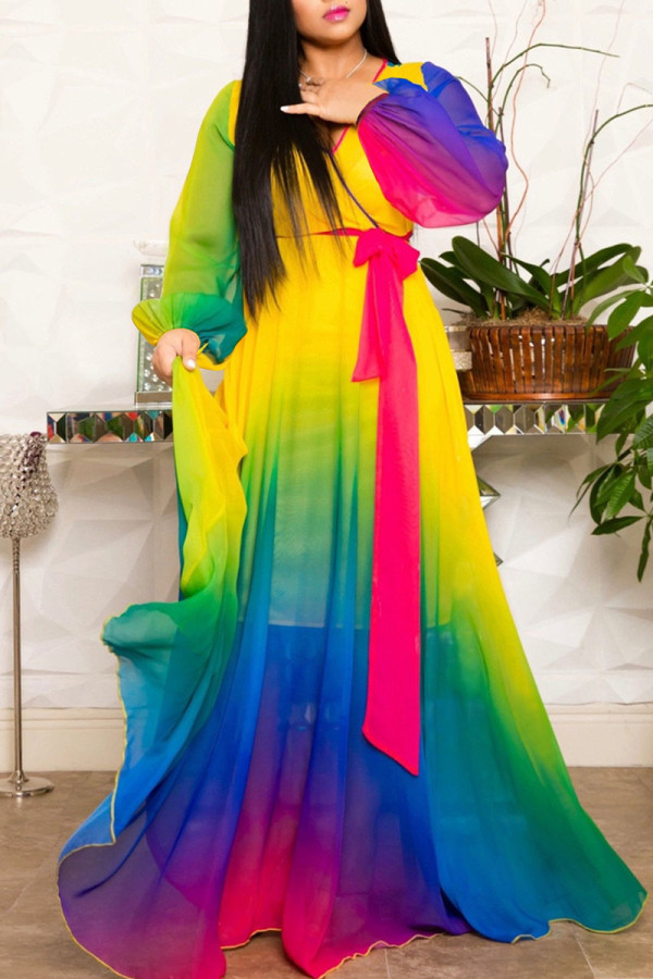 Regenbogenfarbe Casual Elegant Print Patchwork V-Ausschnitt Gerade Kleider