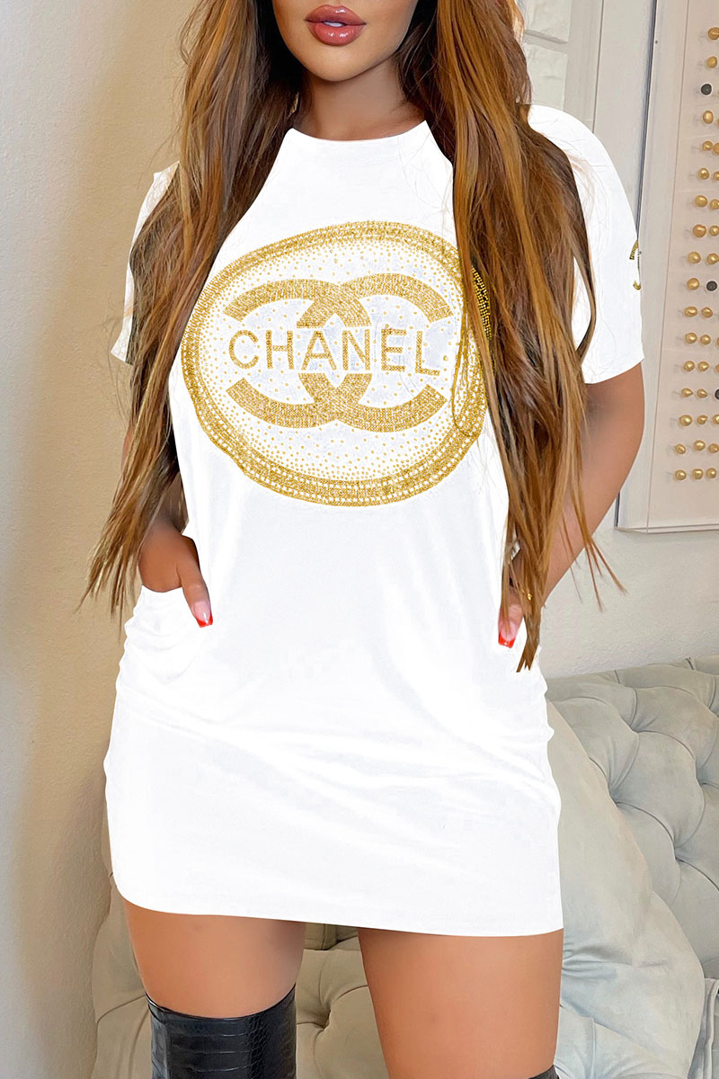 

White Fashion Casual Print Letter O Neck One Step Skirt Dresses