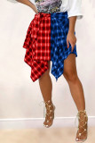 Rot Gelb Casual Street Plaid Print Patchwork asymmetrische hohe Taille Typ A Full Print Bottoms