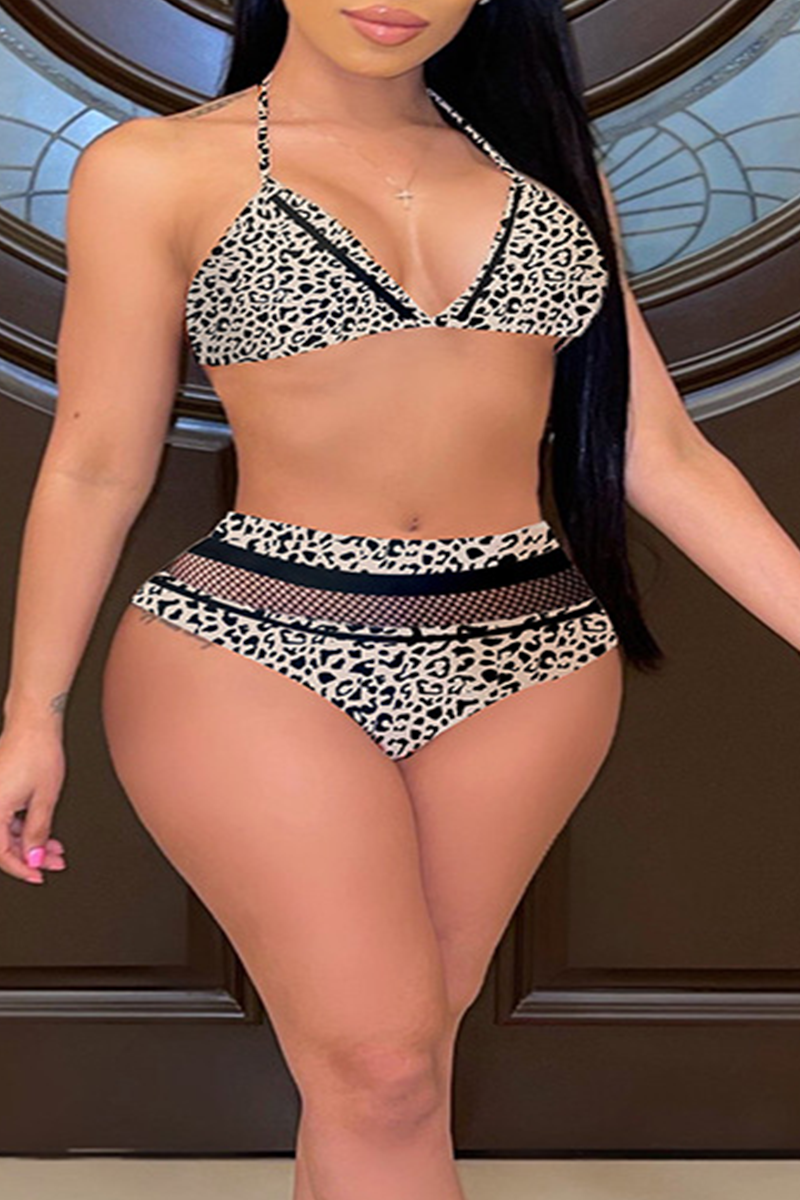 

White Vacation Leopard Split Joint Mesh Swimwears
