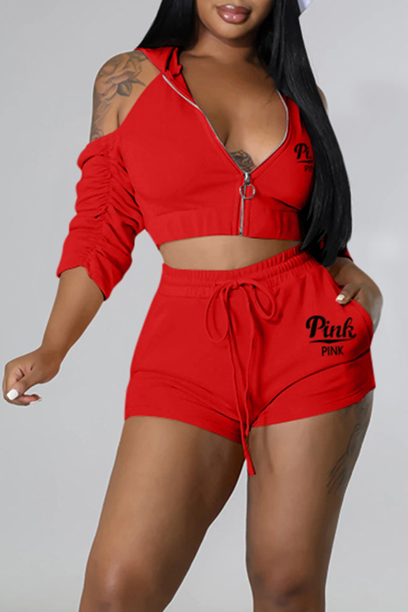 Red Sexy Print Split Joint Hooded Collar Three Quarter Two Pieces
