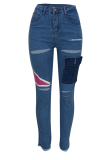 Jeans skinny azul casual patchwork rasgado cintura média