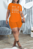 Orange Fashion Print Hot Drill O Neck Short Sleeve Two Pieces