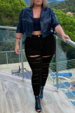 Black Fashion Casual Solid Ripped Plus Size Jeans (Without Belt)