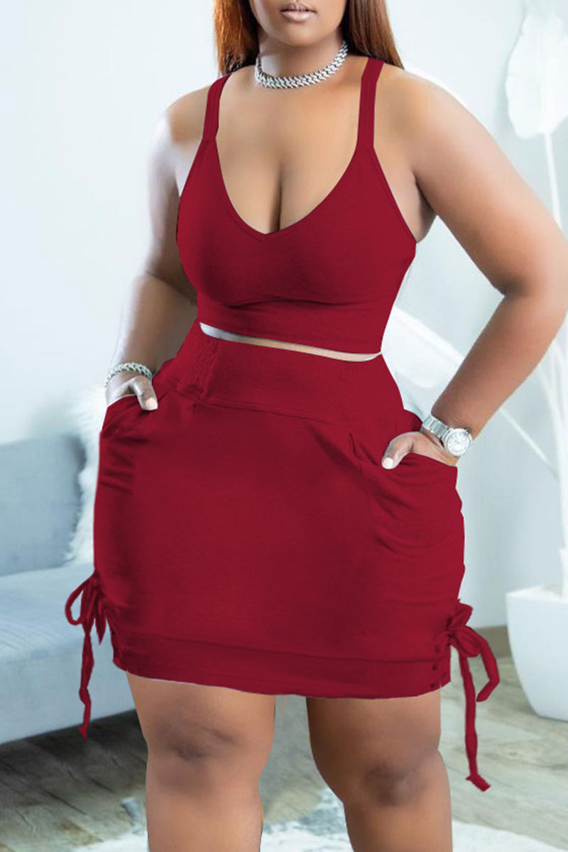 

Burgundy Casual Solid Bandage Split Joint Spaghetti Strap Plus Size Two Pieces
