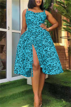 Глубокое синее модное сексуальное платье с открытой спиной и квадратным воротником с разрезом и принтом