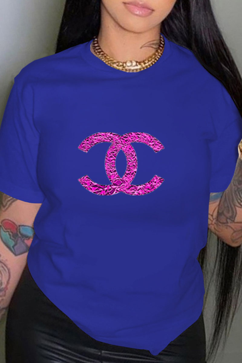 

Blue Fashion Casual Print Letter O Neck T-Shirts