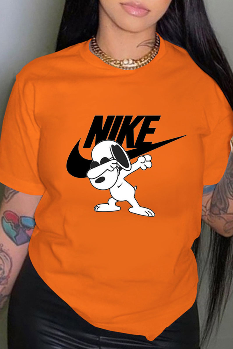

Orange Fashion Casual Print Letter O Neck T-Shirts