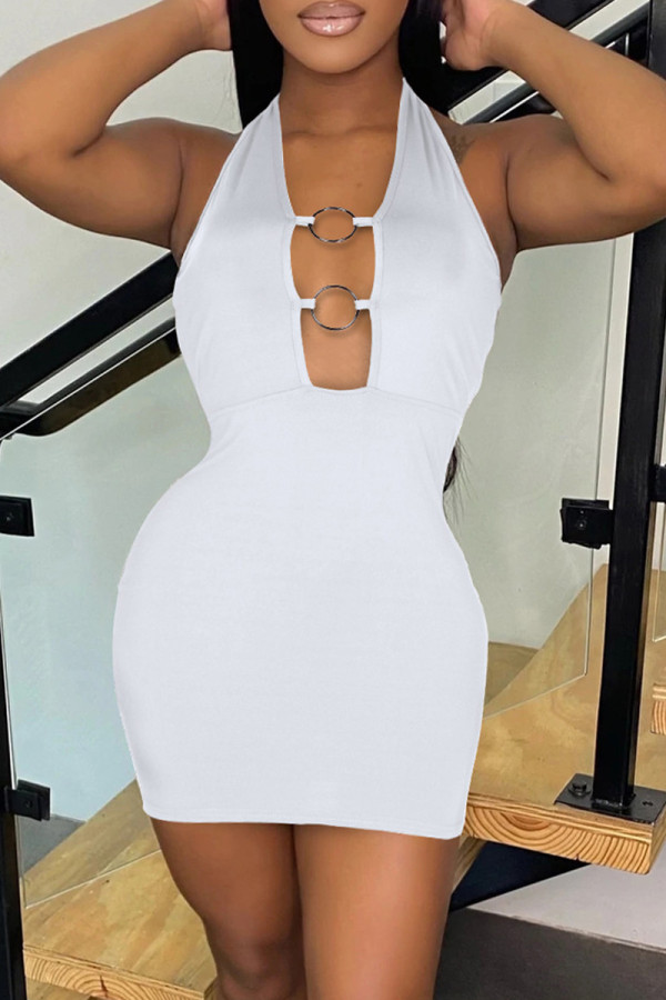 Weiße Mode Sexy Solide Ausgehöhltes Rückenfreies Halfter Ärmelloses Kleid