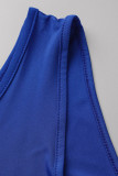 Due pezzi senza maniche a una spalla senza schienale con nappa solida sexy blu alla moda