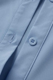 Hemelsblauw Mode Casual Solid Draw String Frenulum Turndown Kraag Shirt Jurk Jurken
