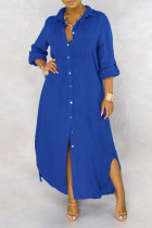 Синее повседневное однотонное платье-рубашка в стиле пэчворк с отложным воротником и пряжкой Платья Платья
