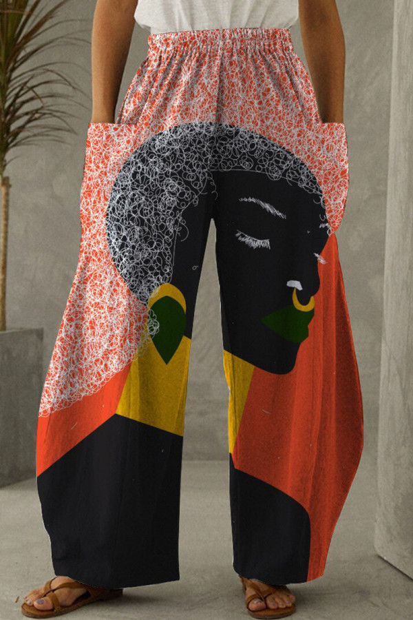 Oranje casual broek met zak en losse rechte print met volledige print