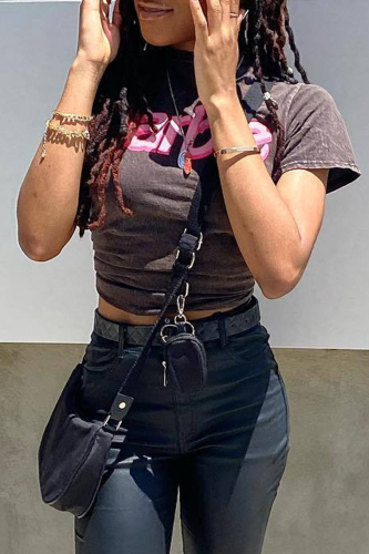 Black Fashion Print Split Joint O Neck T-Shirts