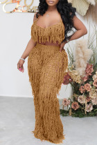 Khaki Fashion Casual Solid Hollowed Out Backless Spaghetti Strap Sleeveless Two Pieces Tassel Crop Tops And Wide Leg Pants Sets