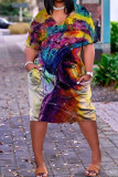 Färg Casual Street Print Patchwork V-hals raka klänningar