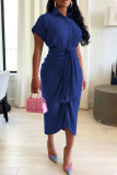 Diepblauwe casual stevige bandage patchwork gesp vouw asymmetrische turndown kraag denim jurk jurken