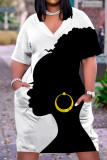 White Black Fashion Casual Print Basic V Neck Short Sleeve Dress