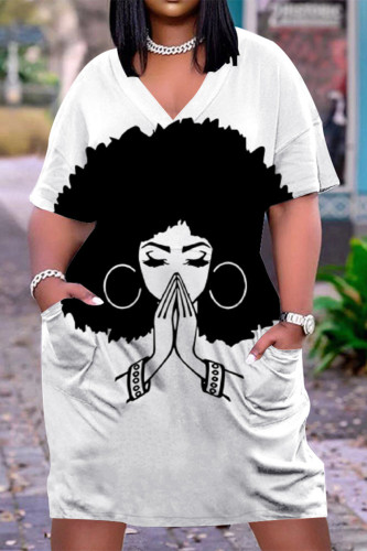 White Black Fashion Casual Print Basic V Neck Short Sleeve Dress