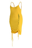 Yellow Fashion Sexy Plus Size Solid Bandage Backless Spaghetti Strap Sleeveless Dress