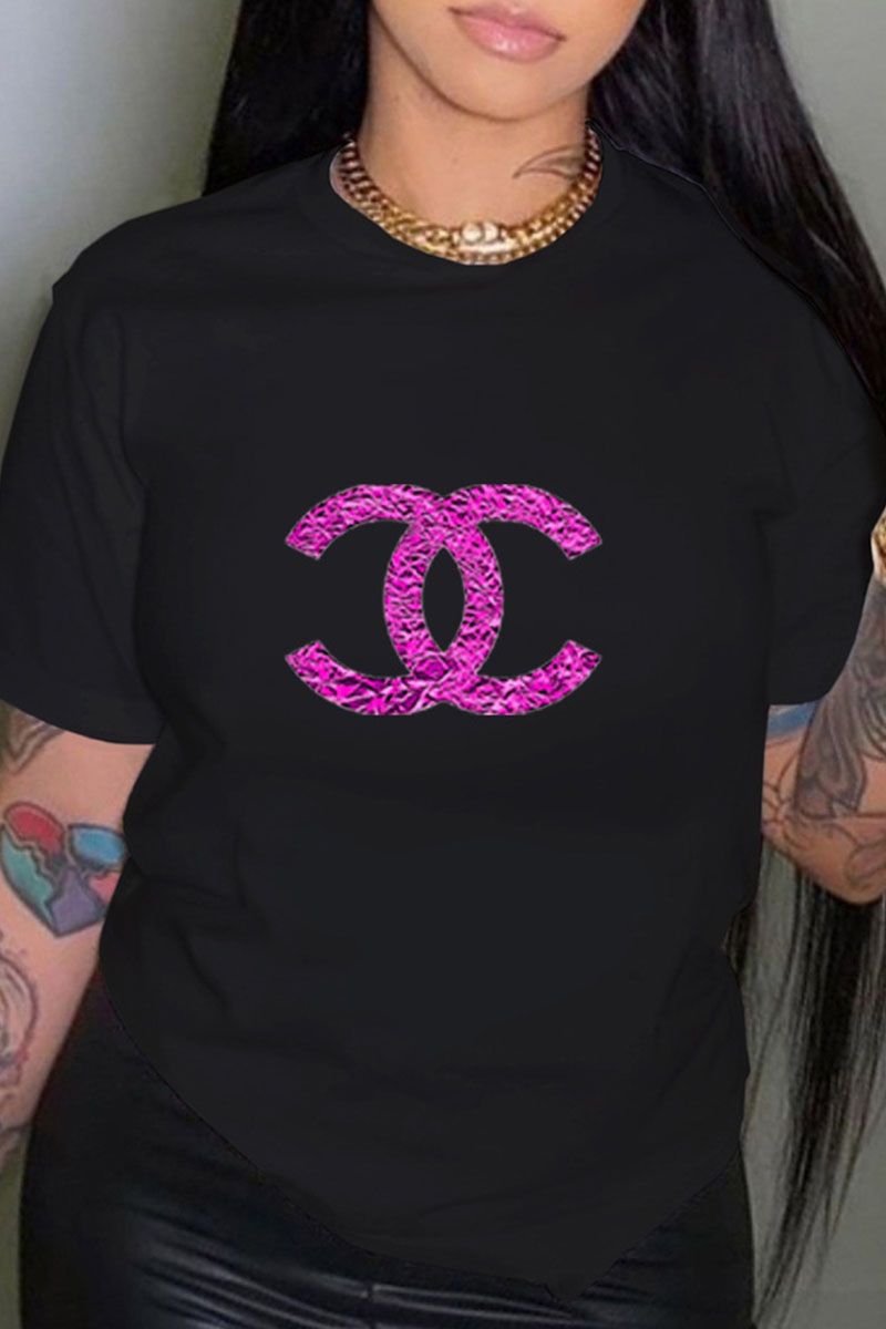 

Black Fashion Casual Print Letter O Neck T-Shirts