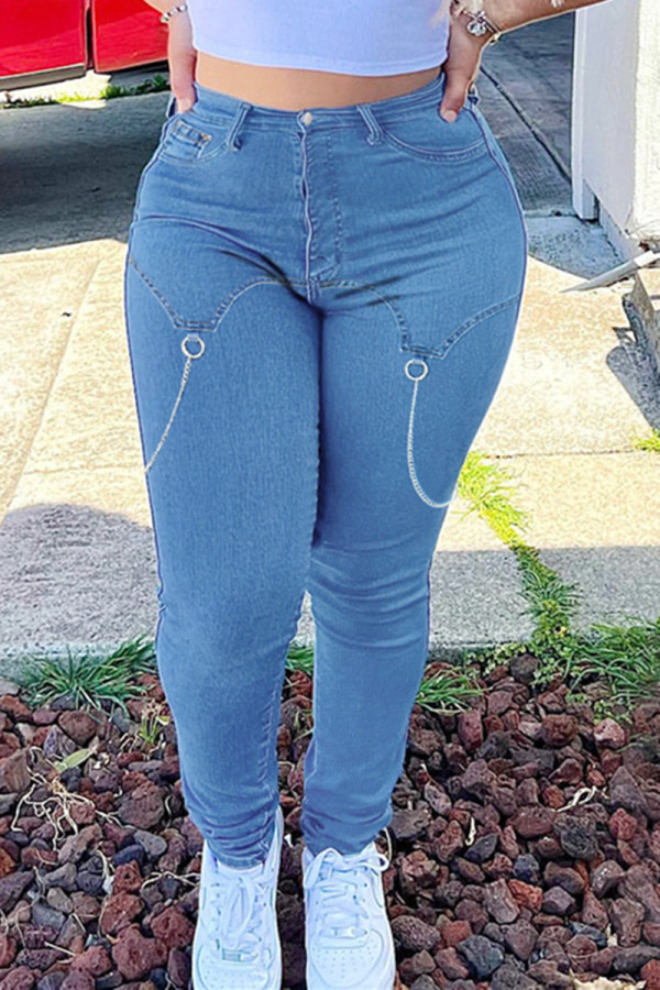 Medium blauwe mode casual effen patchwork kettingen hoge taille skinny denim jeans