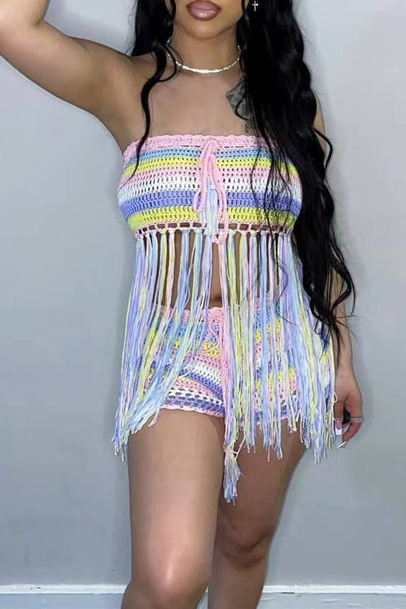 

Purple Sexy Patchwork Tassel Strapless Sleeveless Two Pieces
