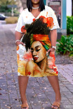 Colour Casual Street Print Patchwork V Neck Straight Plus Size Dresses