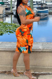 オレンジ色のファッションカジュアルプリントベルトVネックノースリーブドレス