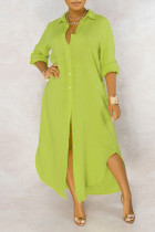 Verde Fluorescente Casual Sólido Patchwork com Fivela Gola Desligada Camisa Vestido Vestidos