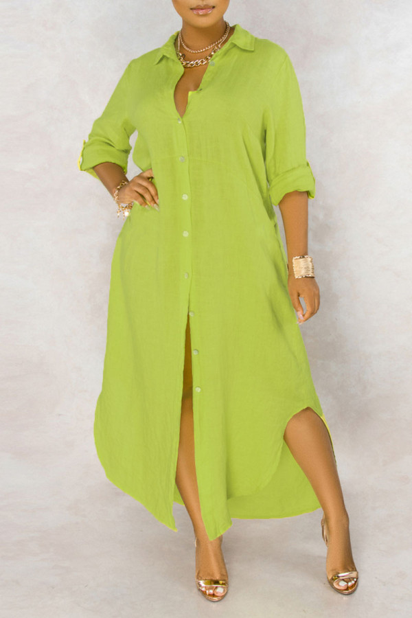 Флуоресцентное зеленое повседневное однотонное платье-рубашка в стиле пэчворк с отложным воротником и пряжкой, платья