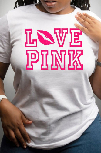 T-shirts basiques à col rond à imprimé de lettre à la mode blanc rose