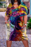 Светло-серые повседневные прямые платья с уличным принтом в стиле пэчворк с V-образным вырезом