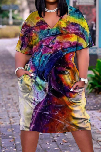 Colour Casual Street Print Patchwork V Neck Straight Plus Size Dresses