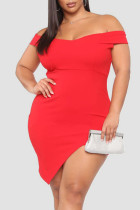 Red Sexy Solid Patchwork Asymmetrical Off the Shoulder One Step Skirt Plus Size Dresses