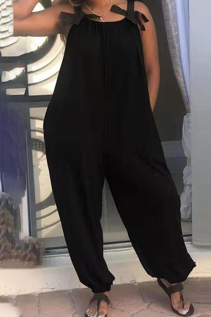 

Black Casual Solid Split Joint Spaghetti Strap Loose Jumpsuits