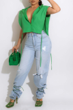 Grüne Fashion Solid Patchwork Kapuzenkragen Plus Size Tops