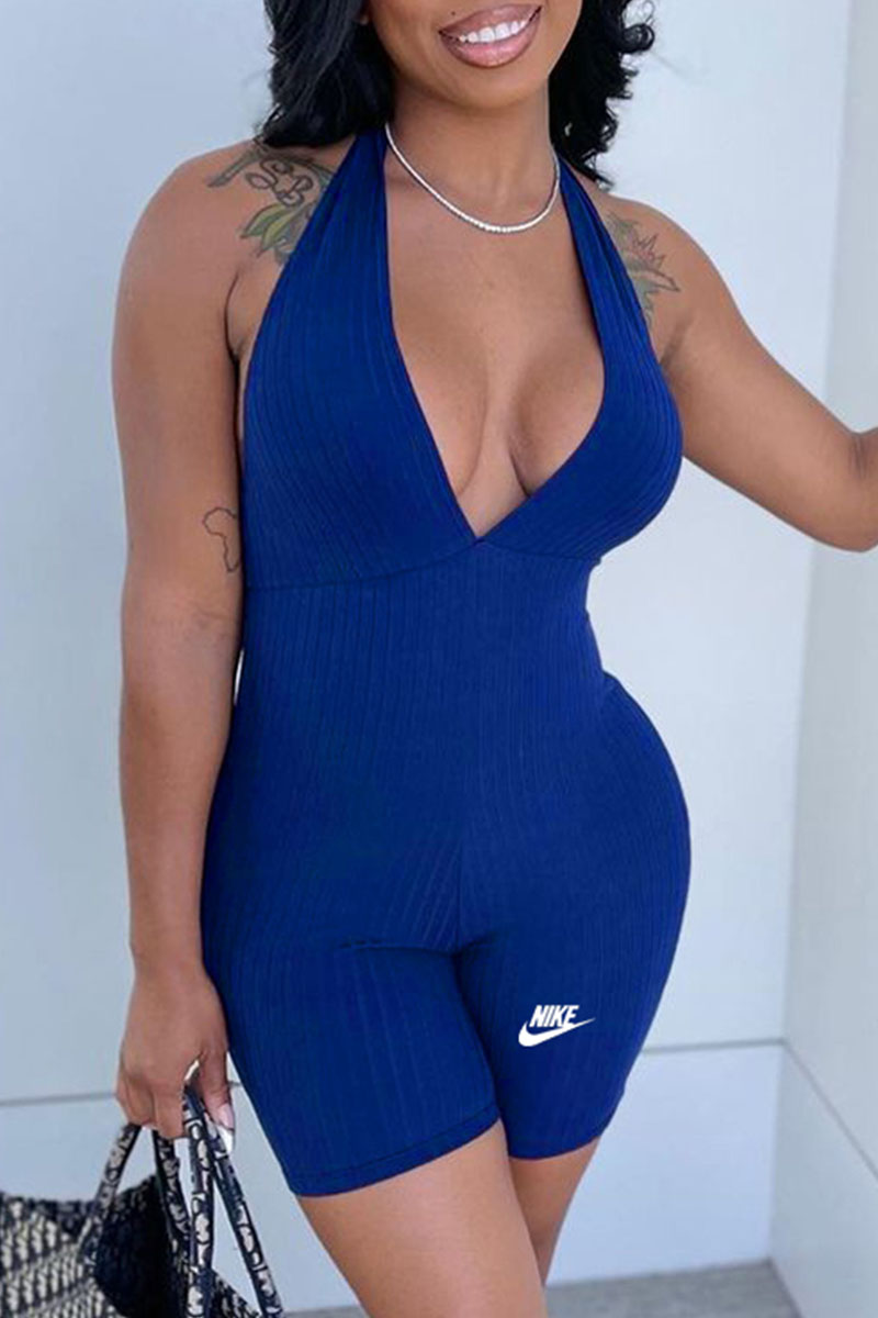 

Royal Blue Fashion Street Print Backless V Neck Jumpsuits