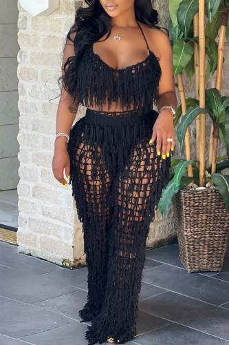 Black Fashion Casual Solid Hollowed Out Backless Spaghetti Strap Sleeveless Two Pieces Tassel Crop Tops And Wide Leg Pants Sets