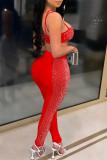 Red Fashion Sexy Patchwork Hot Drilling See-through Backless Spaghetti Strap Sleeveless Two Pieces