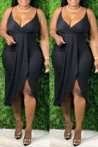 Schwarze Mode Sexy Plus Size Solid Patchwork V-Ausschnitt Sling Dress