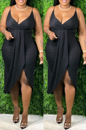 Black Fashion Sexy Plus Size Solid Split Joint V Neck Sling Dress