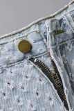 Babyblå Sexig Street Solid Rippad urholkad Patchwork Hög midja raka jeansshorts