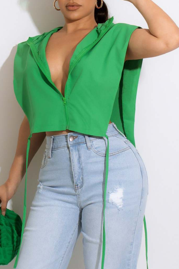 Gola com capuz em patchwork sólido verde moda plus size tops