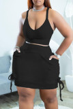 Black Casual Solid Bandage Patchwork Spaghetti Strap Plus Size Two Pieces